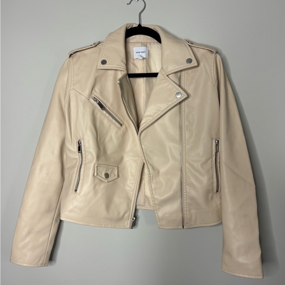 Nine West Cream Faux Leather Moto Jacket – Size XS